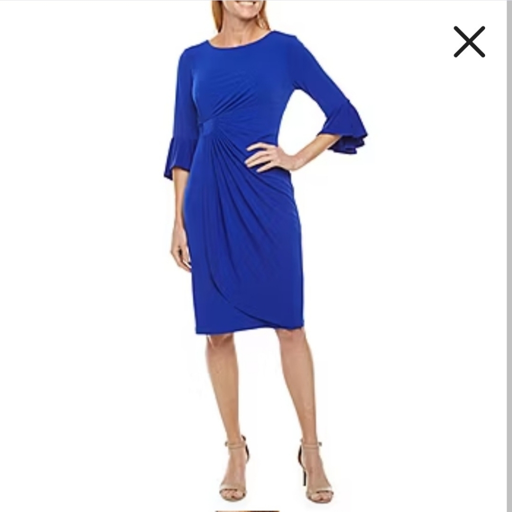 Connected Ruched Bell Sleeve Faux Wrap Cocktail Dress